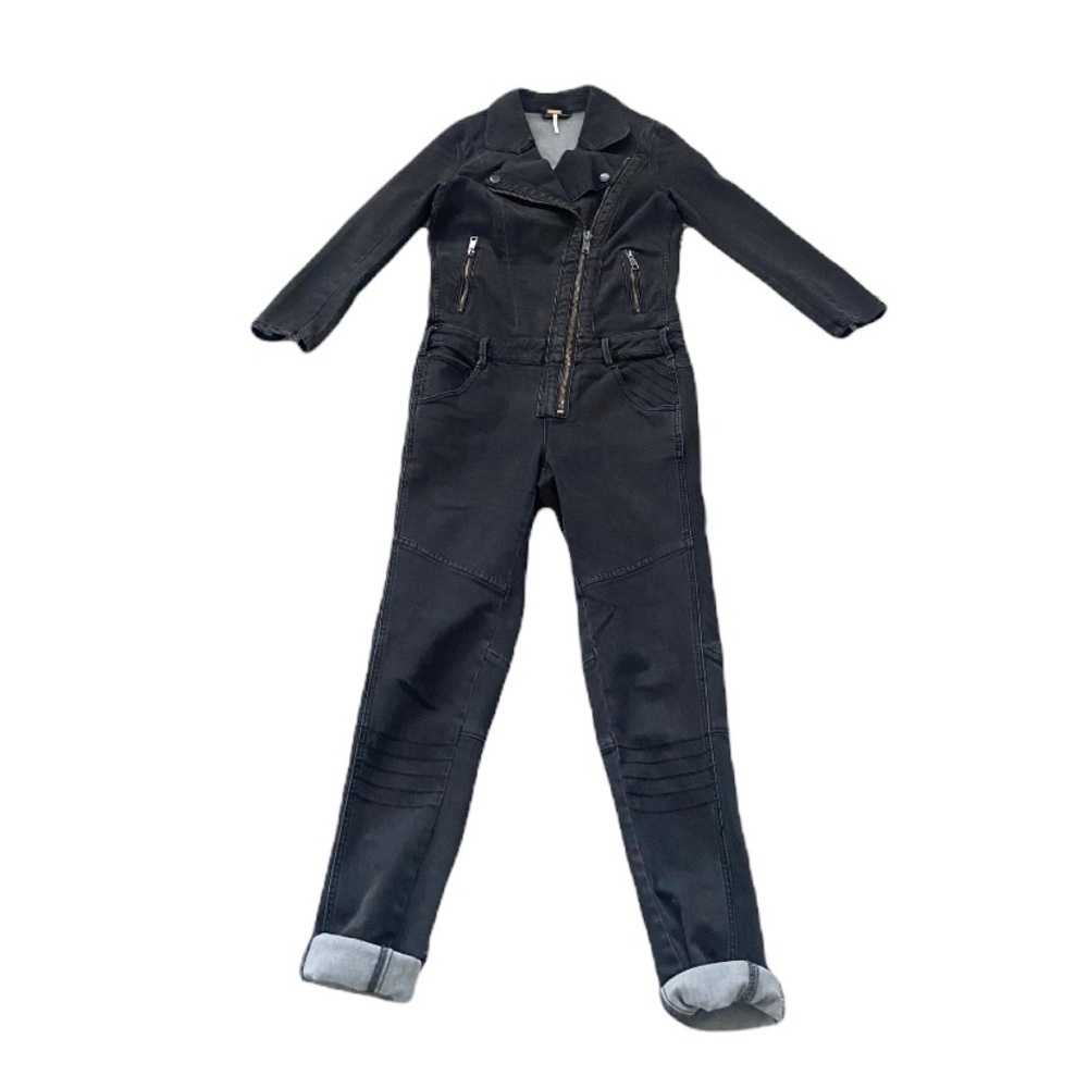 Free People Washed Black Long Sleeve Denim Moto Style Zip Coverall Jumpsuit